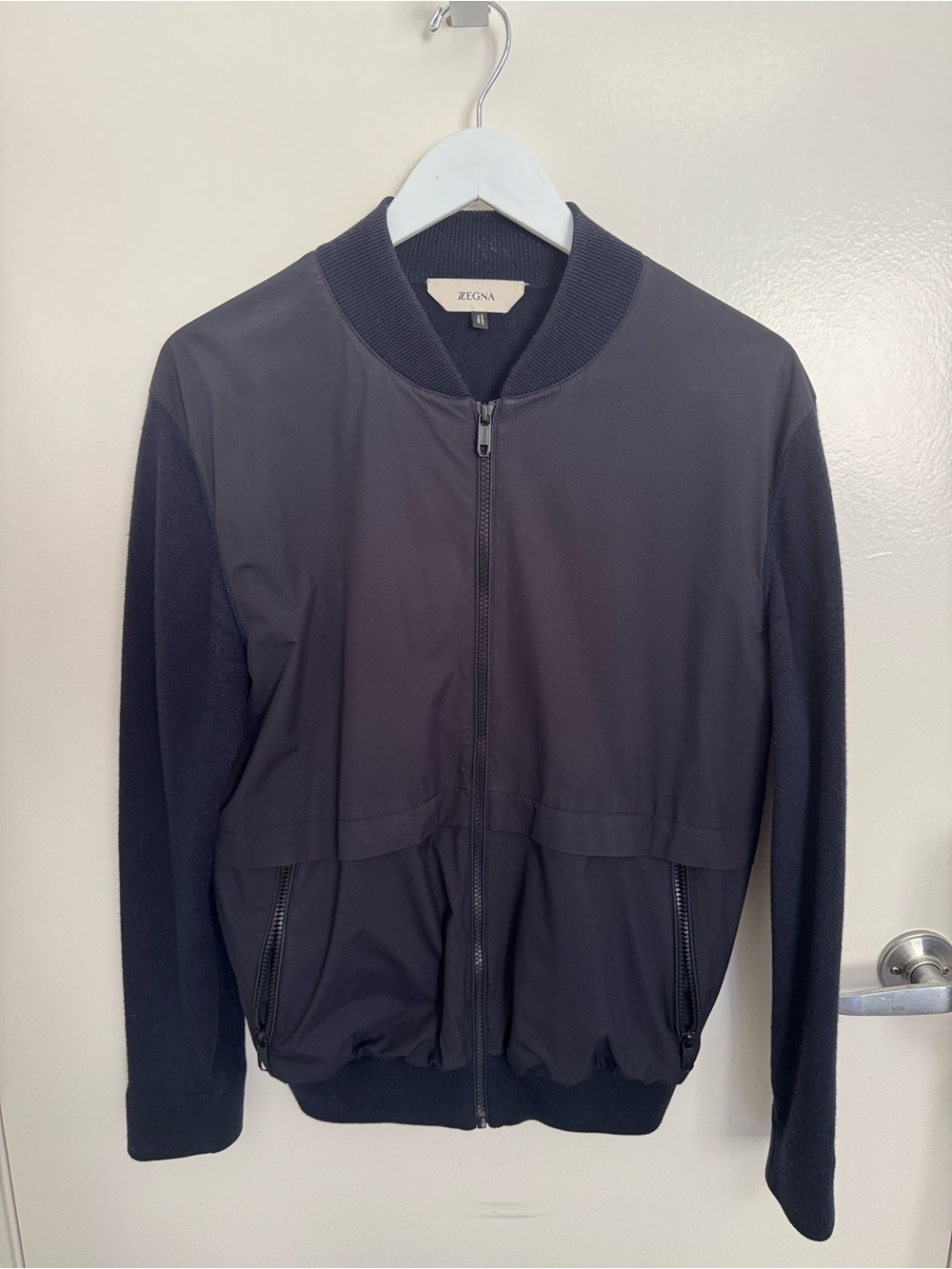 Z Zegna Navy Bomber Jacket w/ Knit Sleeves and Back.